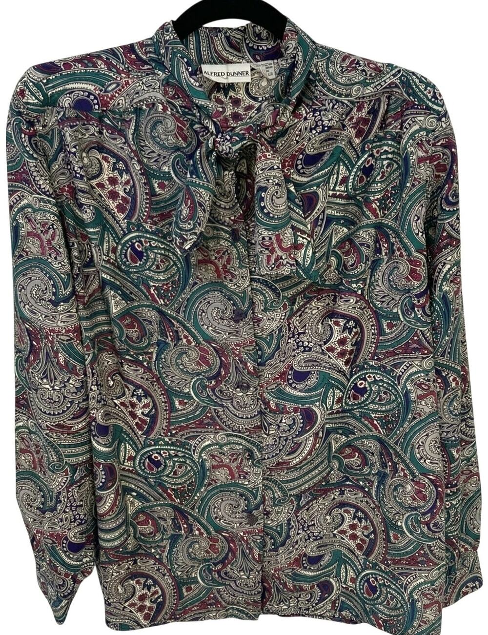 VTG Alfred Dunner Teal Purple Paisley Tie Neck Pussybow Blouse Large Whimsygoth